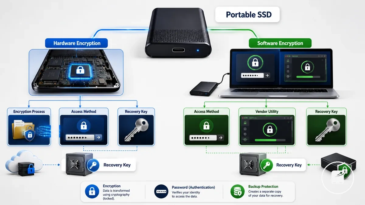 Diagramme comparant les méthodes de chiffrement matériel et logiciel pour SSD portables