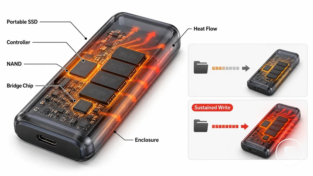 SSD portable annoté montrant le contrôleur, la mémoire, le boîtier et le mouvement de la chaleur vers la coque