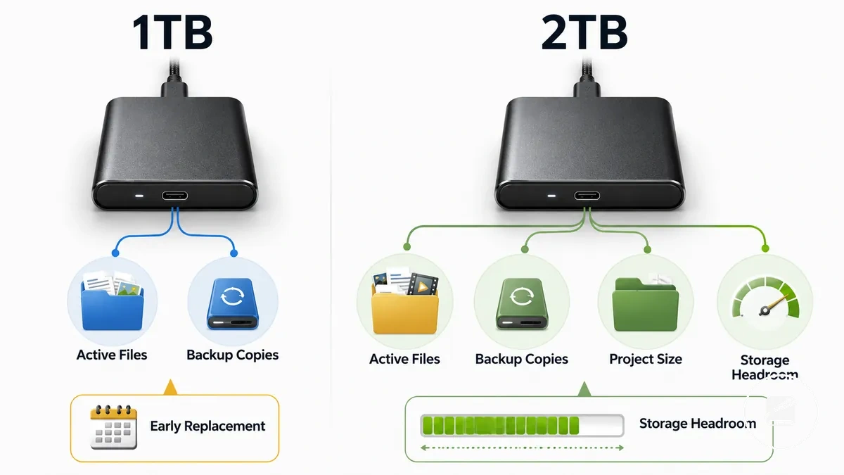 Gráfico comparativo da capacidade de SSD portátil de 1TB e 2TB para arquivos ativos e backups