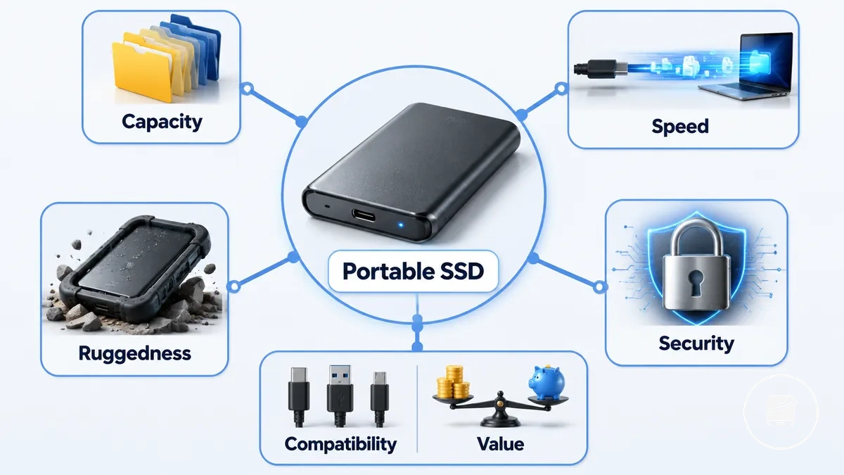 Diagrama dos critérios de seleção de SSD portátil por caso de uso, incluindo capacidade, velocidade, resistência, segurança, compatibilidade e custo-benefício