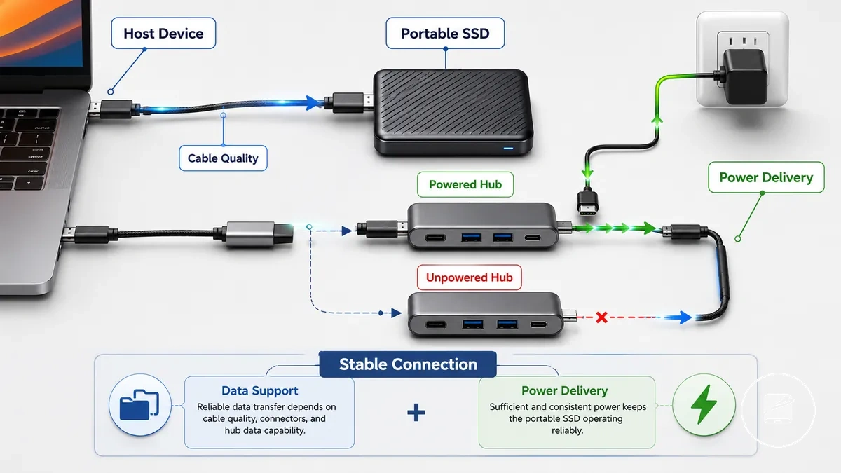 SSD portátil conectado por meio de um hub mostrando os requisitos de drives alimentados pela porta