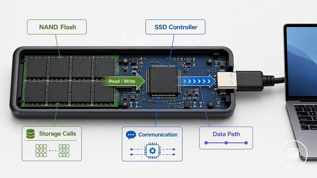 Ilustração anotada da memória flash NAND e do controlador SSD dentro de um SSD portátil