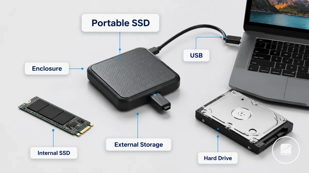 SSD portátil com cabo e rótulos do dispositivo mostrando a função de armazenamento externo