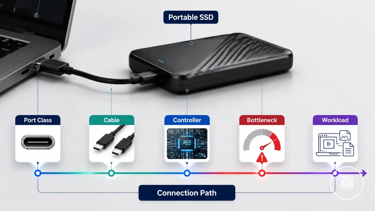 Diagrama do caminho do cabo e da porta do SSD portátil que afeta a velocidade de leitura e gravação