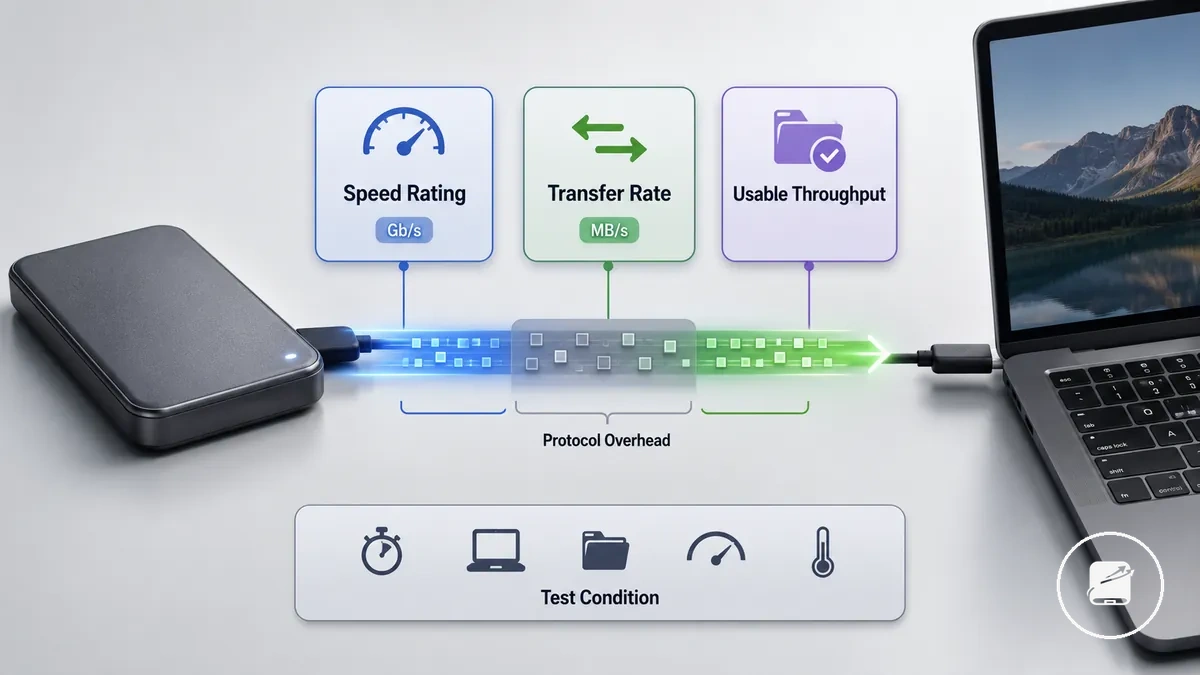 Taşınabilir SSD performansı için hız derecesi, aktarım hızı ve kullanılabilir verim karşılaştırması