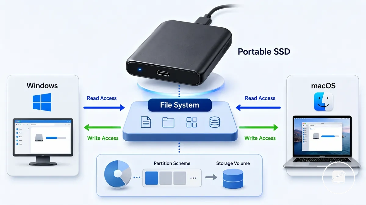 Windows ve Mac arasında uyumluluğu gösteren taşınabilir SSD dosya sistemi şeması