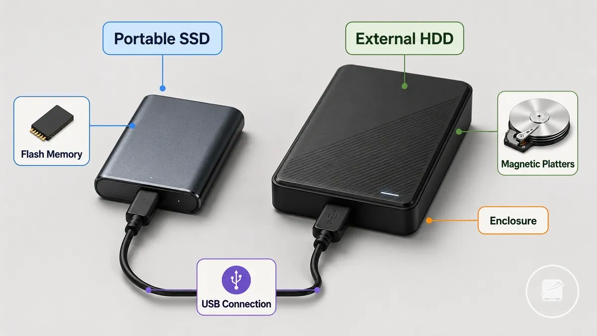 Depolama türüne ve harici bağlantıya göre etiketlenmiş taşınabilir SSD ve harici sabit disk