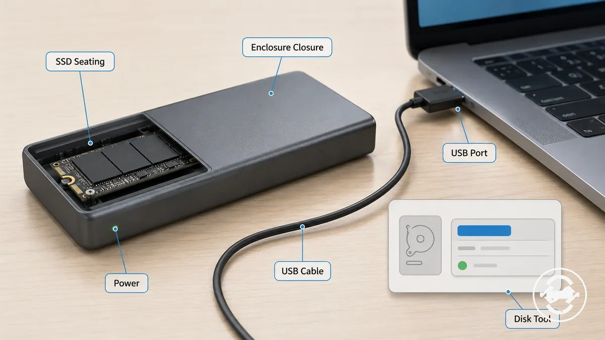 فحوصات موضحة لتركيب SSD وتوصيل USB قبل التهيئة