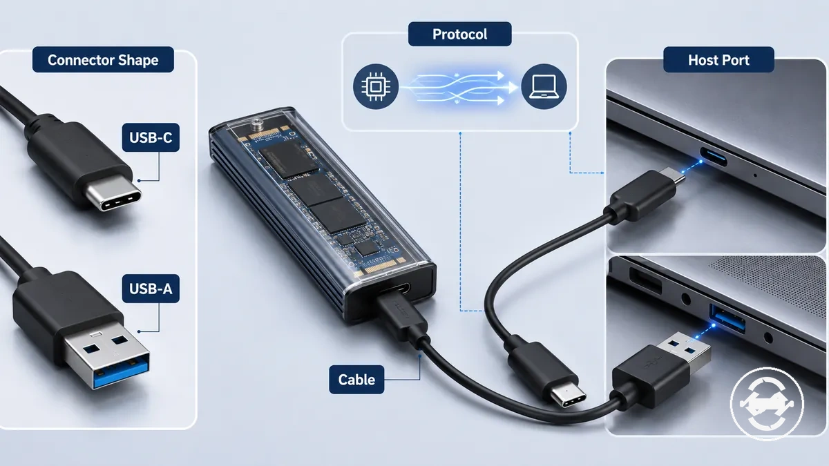 أشكال موصلات USB-C وUSB-A مقارنة بملصقات معايير اتصال USB وThunderbolt