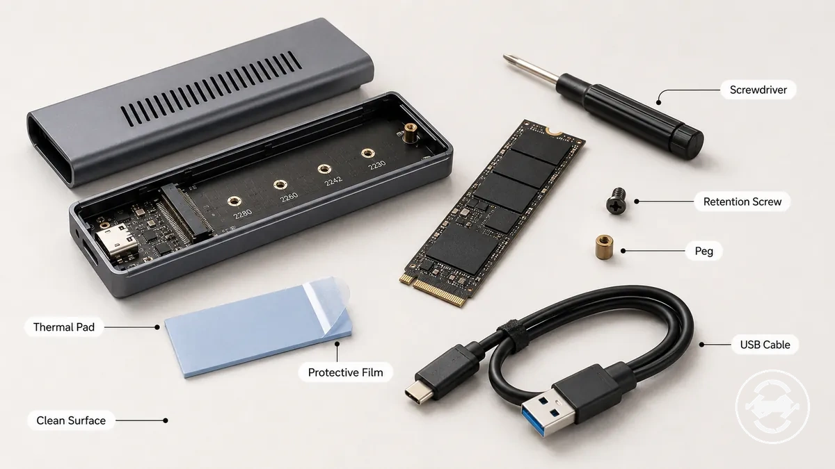 الأدوات والأجزاء المطلوبة لتركيب M.2 SSD في علبة