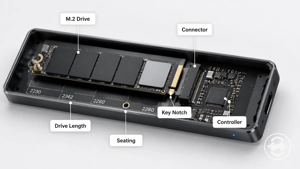اتصال محرك SSD M.2 داخل علبة يظهر الموصل وفتحة المفتاح