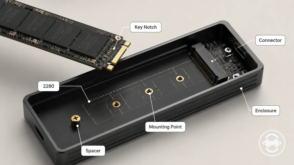 مفتاح SSD M.2 وملاءمة الموصل ومواضع الأطوال المدعومة مشروحة داخل علبة