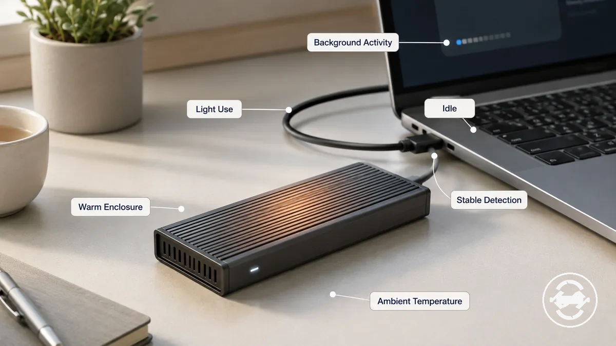علبة M.2 SSD دافئة متصلة أثناء الخمول أو الاستخدام الخفيف