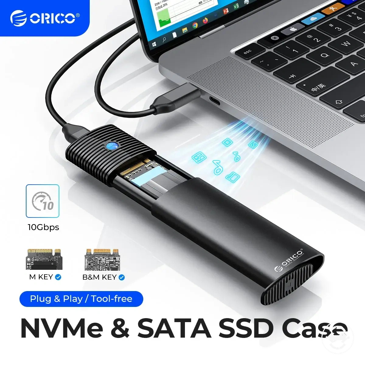 Werkzeugloses M.2-SSD-Gehäuse mit USB-C-3.2-Gen-2-Adapter und Metallkühlkörper