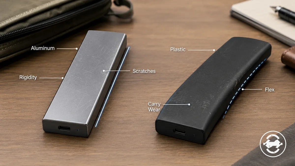 Aluminium- und Kunststoff-M.2-SSD-Gehäuse mit Hinweisen zu alltäglicher Abnutzung und Steifigkeit