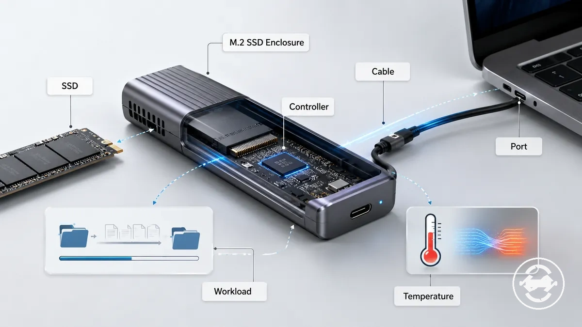 Wovon die reale M.2-SSD-Gehäuse-Geschwindigkeit abhängt, dargestellt mit relevanten Geschwindigkeitsfaktoren
