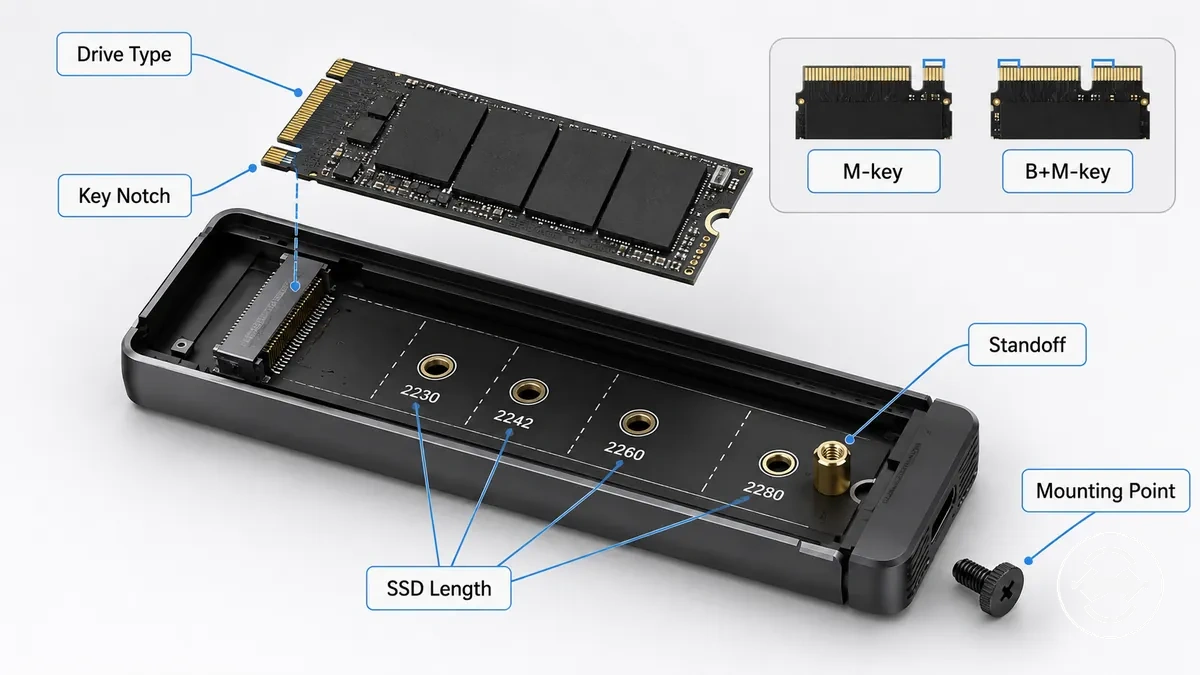 Drive type, key, and size compatibility inside an M.2 SSD enclosure