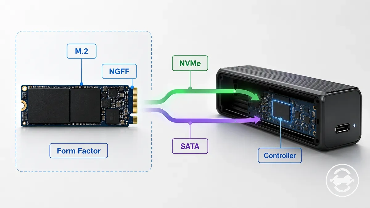 M.2 SSD enclosure naming boundary illustration showing form factor labels and protocol support