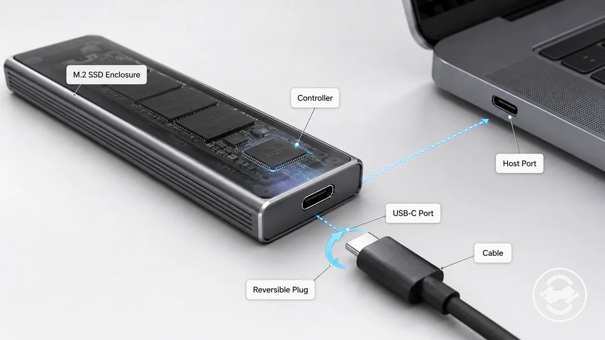 USB-C receptacle on an M.2 SSD enclosure body with matching cable end