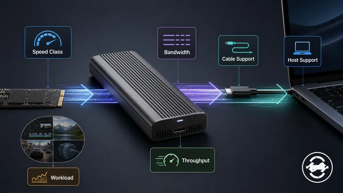 Interface speed classes and practical throughput shown with M.2 SSD enclosure speed factors