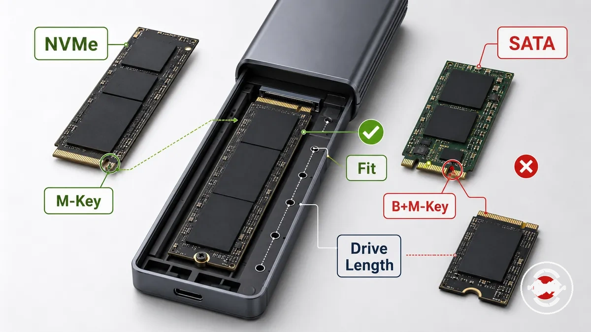 M.2 SSD enclosure showing NVMe, SATA, key type, and supported drive length checks