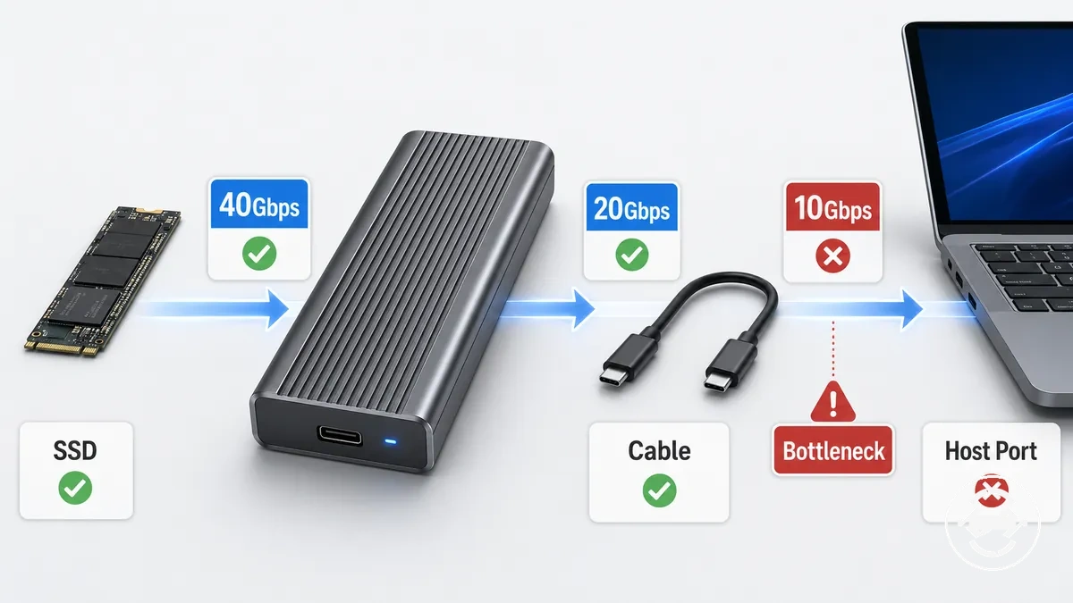 M.2 SSD enclosure showing speed class and connection limit checks