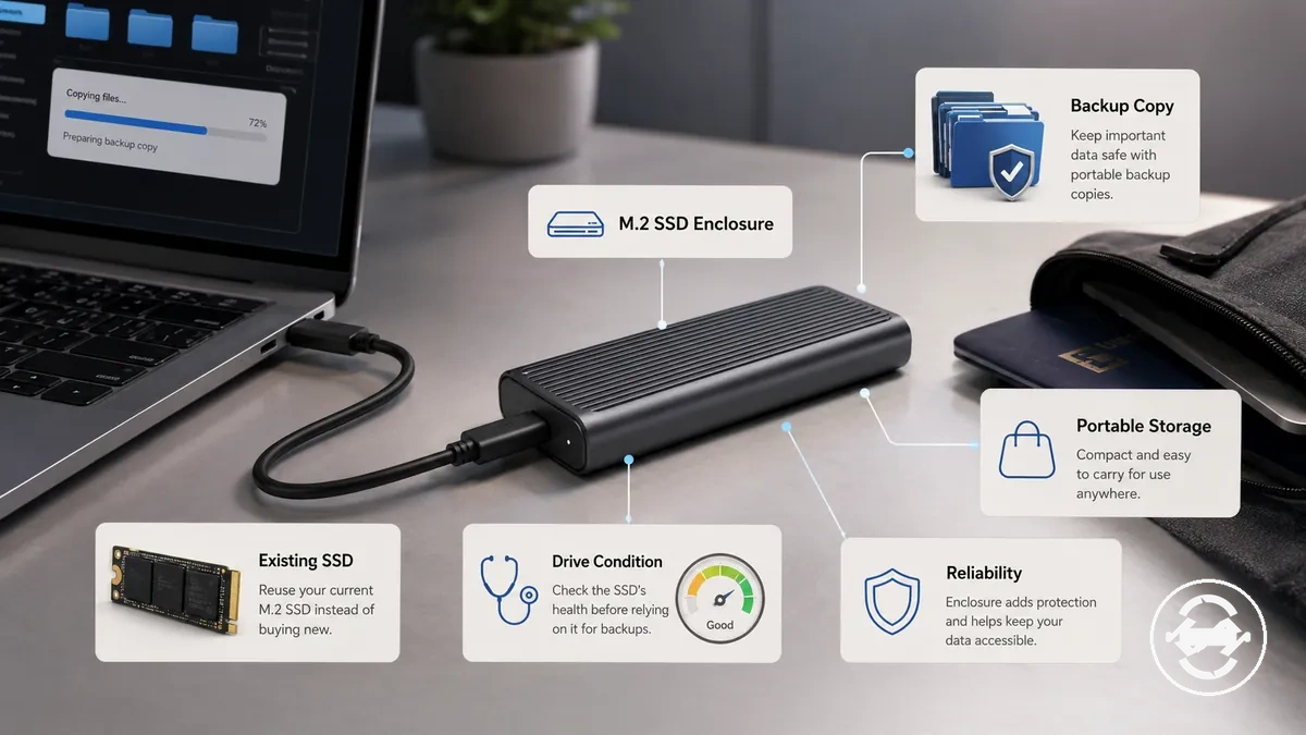 Carcasa para SSD M.2 usada para una copia de seguridad portátil con ordenador y contexto de almacenamiento