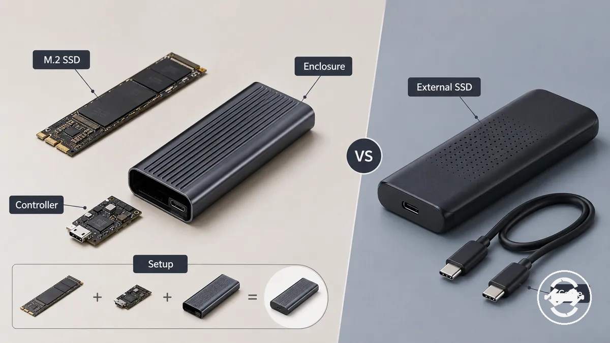 Carcasa para SSD M.2 y SSD externo comparados por diseño de almacenamiento y configuración
