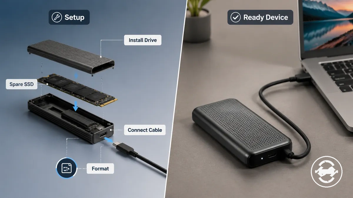 Carcasa para SSD M.2 y SSD externo comparados por esfuerzo de configuración y comodidad plug-and-play