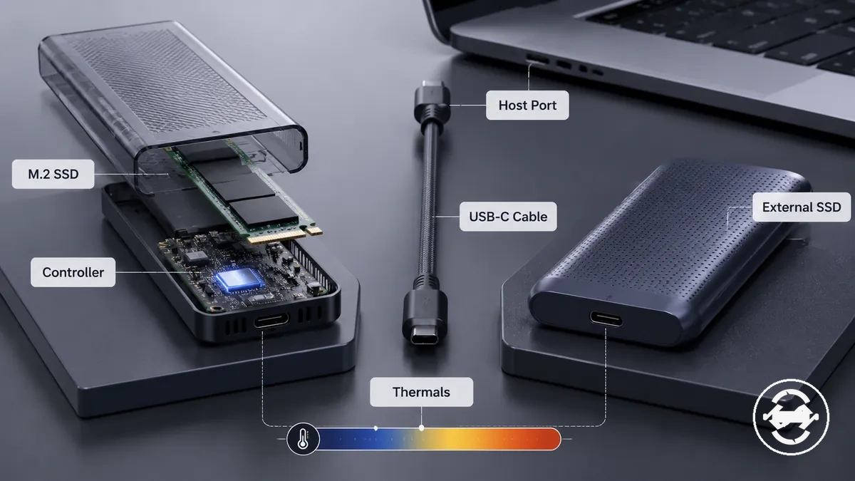 Carcasa para SSD M.2 y SSD externo comparados por límites de velocidad y factores de transferencia