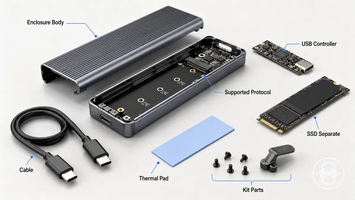 Partes etiquetadas de una carcasa para SSD M.2 que incluyen cuerpo, cable, almohadilla térmica y SSD separado