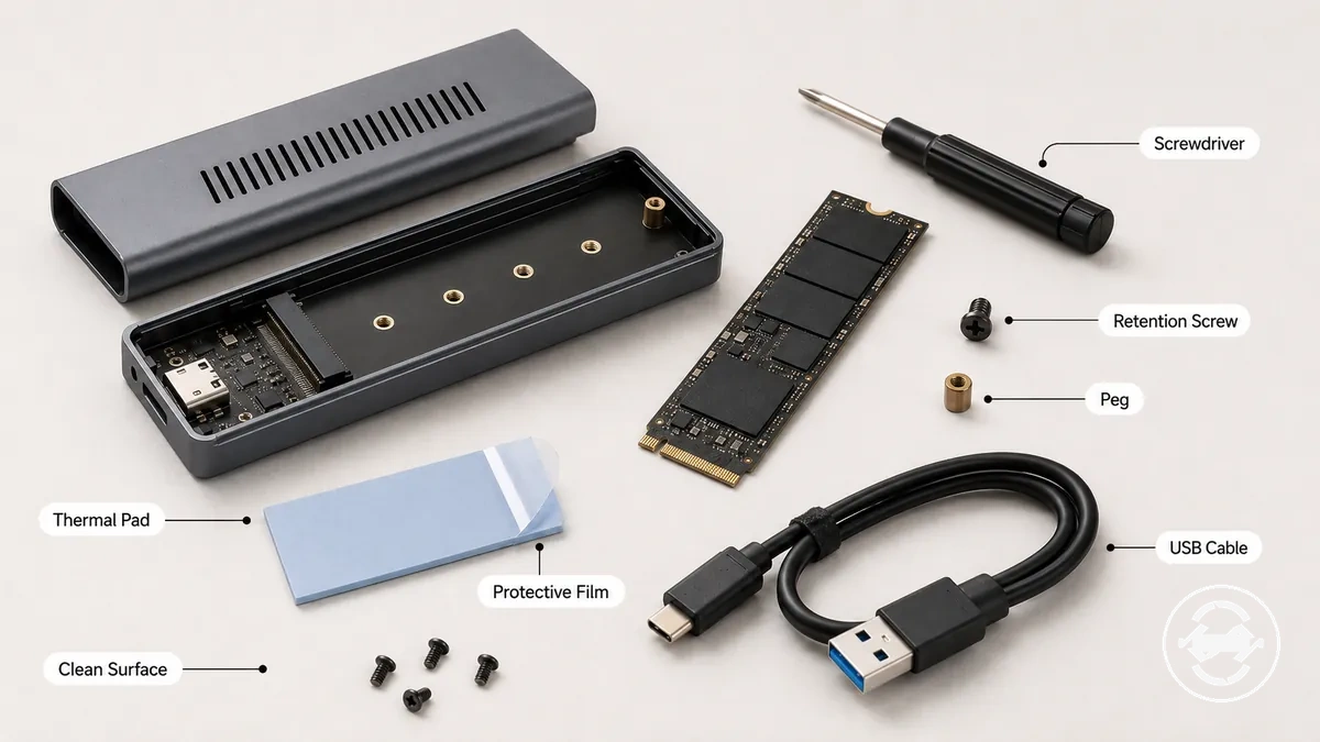 Diagrama que muestra cómo el formateo prepara una carcasa para SSD M.2 como volumen utilizable