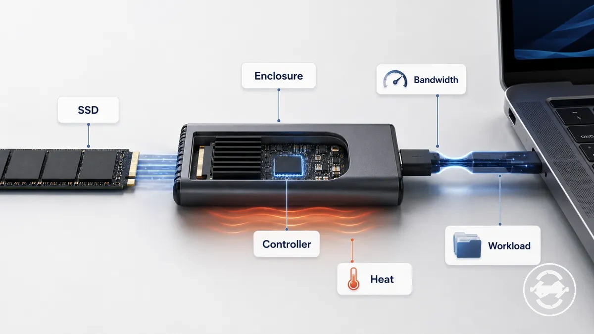 Por qué un SSD rápido puede ralentizarse dentro de una carcasa, con factores de velocidad de una carcasa para SSD M.2
