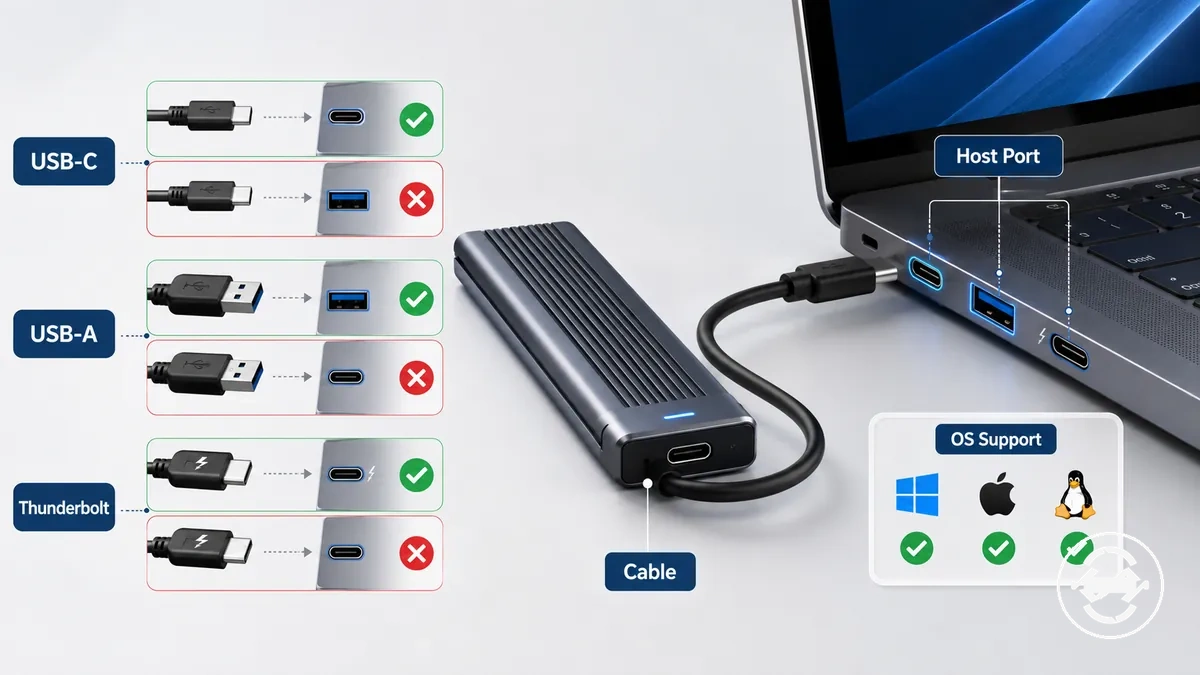 Comprobaciones de compatibilidad de la carcasa SSD M.2 para USB-C, USB-A, Thunderbolt y sistema operativo