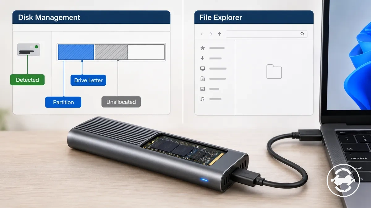 Schéma annoté montrant un boîtier SSD M.2 absent de la Gestion des disques et du Gestionnaire de périphériques