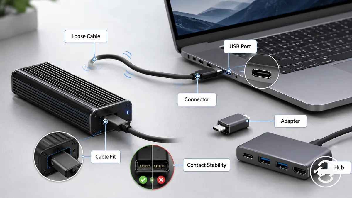 Vérification du câble desserré, du mouvement du port et du contact USB instable sur un boîtier M.2