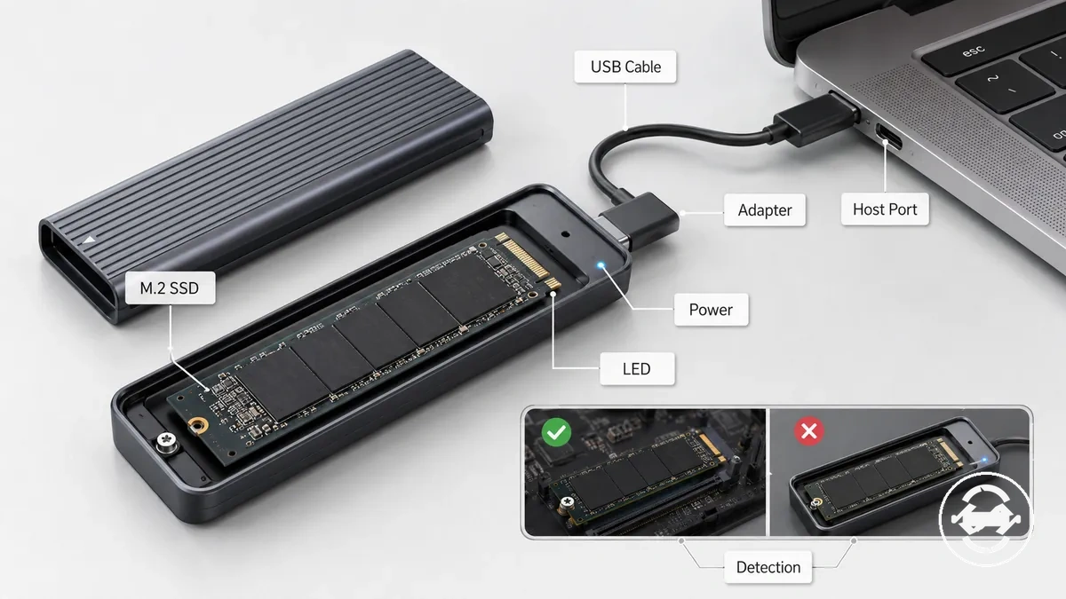 Schéma annoté montrant les vérifications de connexion physique pour un boîtier SSD M.2