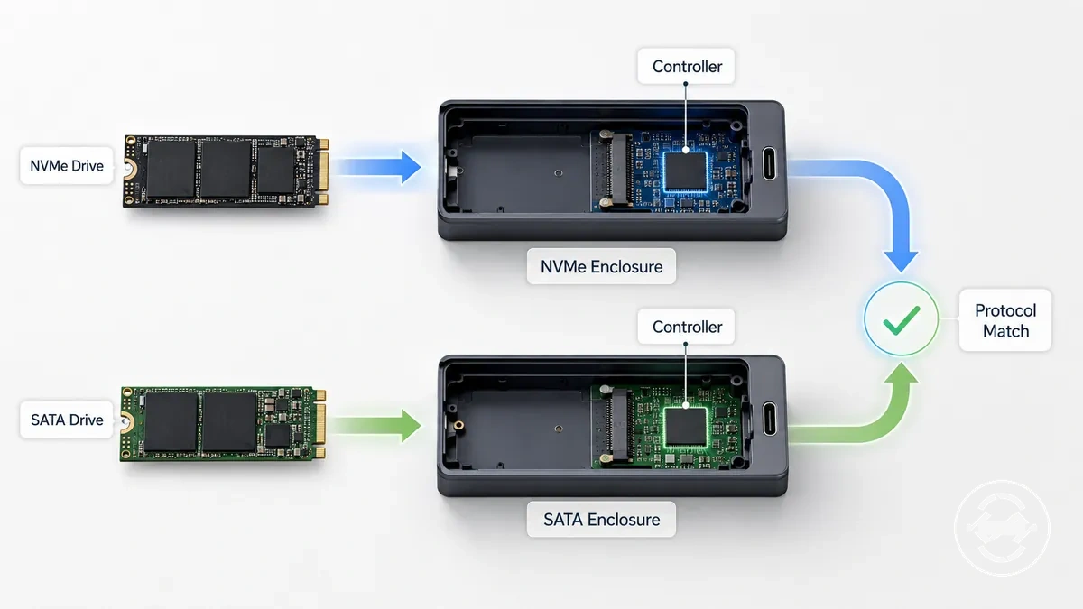 Compatibilité des boîtiers M.2 NVMe et SATA basée sur le protocole du disque et le support du contrôleur