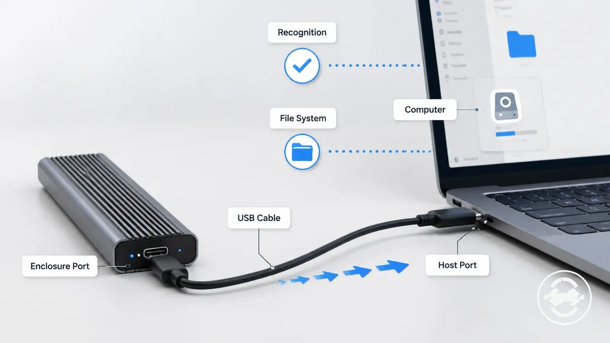 Boîtier SSD M.2 connecté à un ordinateur avec câble USB et ports étiquetés