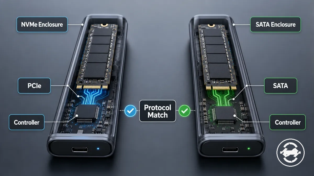 Comparaison des boîtiers M.2 NVMe et SATA par protocole et support du contrôleur