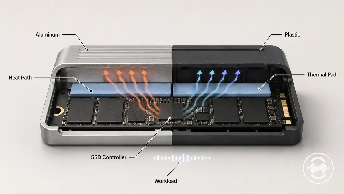 Chemin de contact du coussin thermique du boîtier SSD M.2 entre le SSD et le corps du boîtier