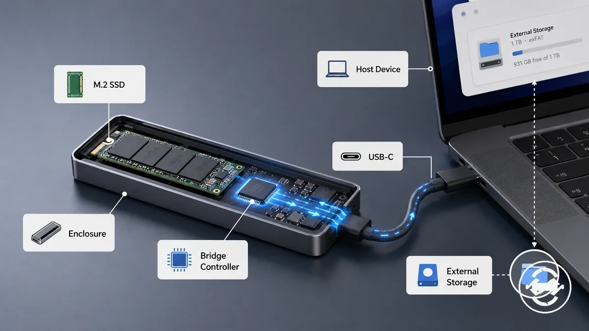 Boîtier SSD M.2 étiqueté connecté comme stockage externe avec disque, câble et appareil hôte