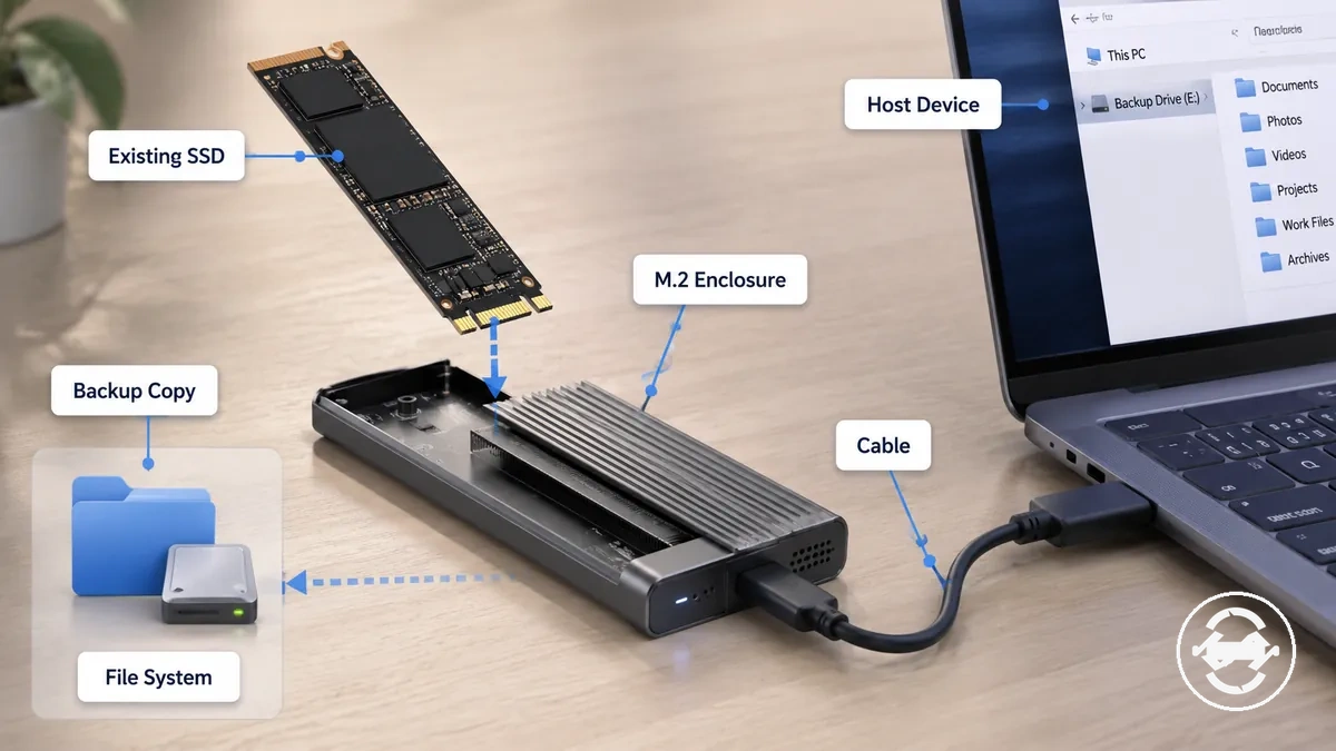 SSD M.2 existant réutilisé dans un boîtier pour le stockage de sauvegarde