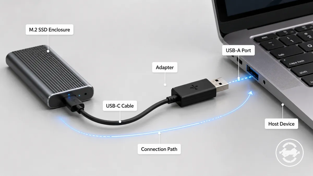 Connexion du port USB-A côté hôte avec câble adaptateur et boîtier SSD M.2