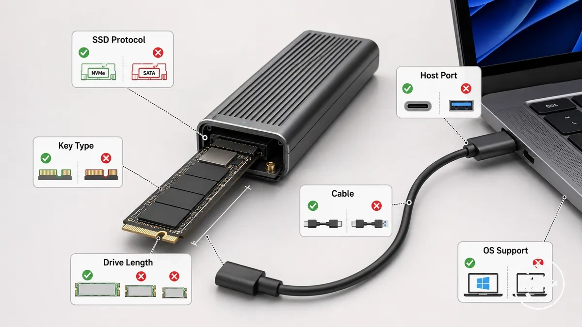 Vérifications de compatibilité du boîtier SSD M.2 pour l’ajustement du SSD et la connexion à l’appareil hôte