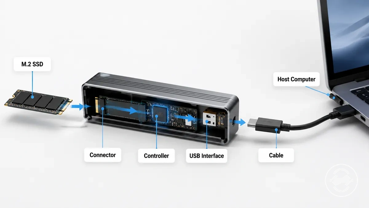 Diagrama mostrando como um case para SSD M.2 conecta um SSD interno a um computador