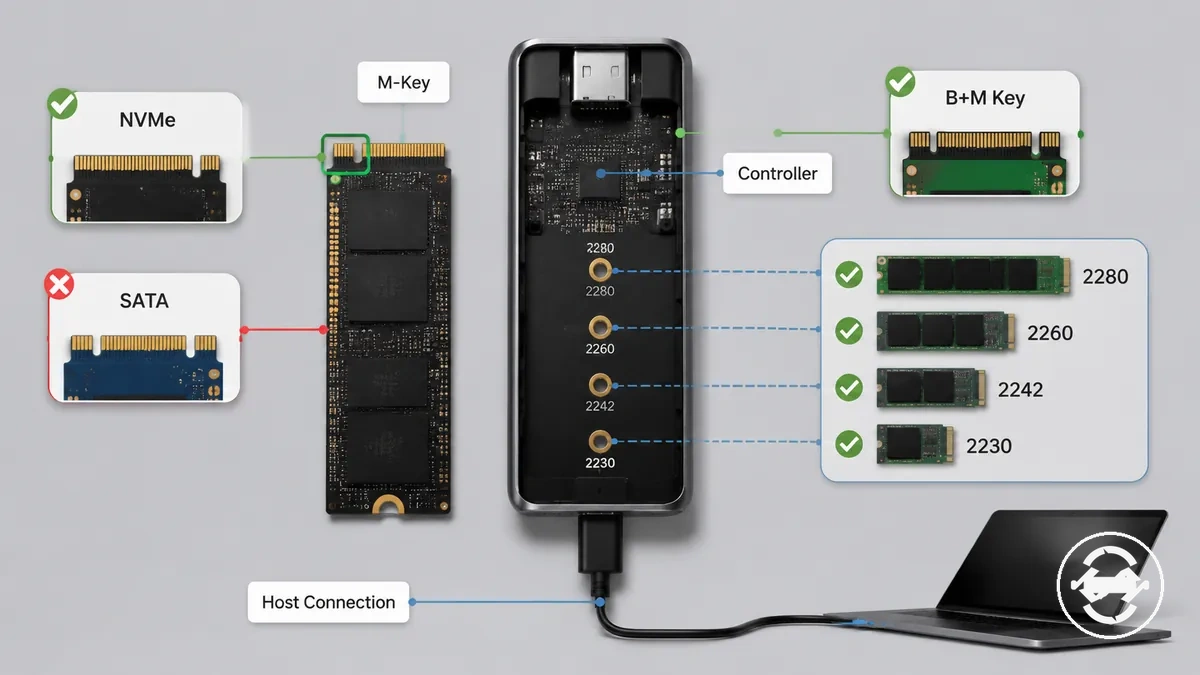 Condições de compatibilidade do case para SSD M.2 anotadas, mostrando o tipo de chave e o comprimento de drive compatível