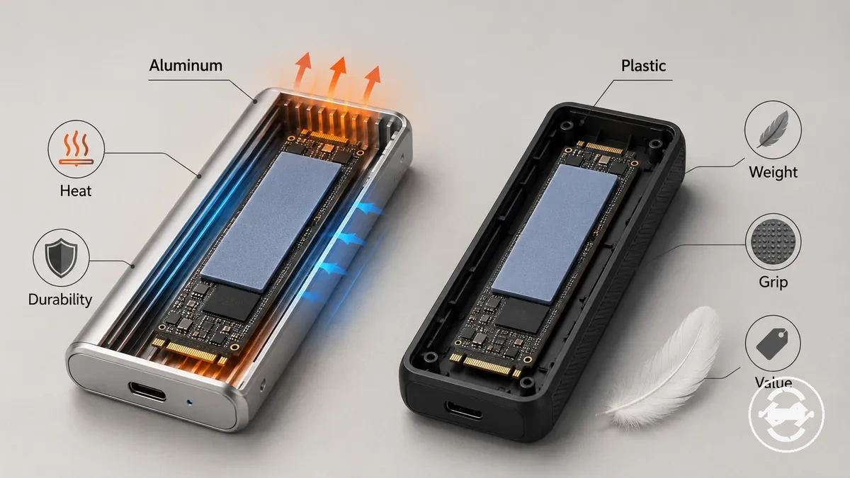 Comparação lado a lado de case para SSD M.2 de alumínio e plástico com indicadores de calor, durabilidade, peso e valor