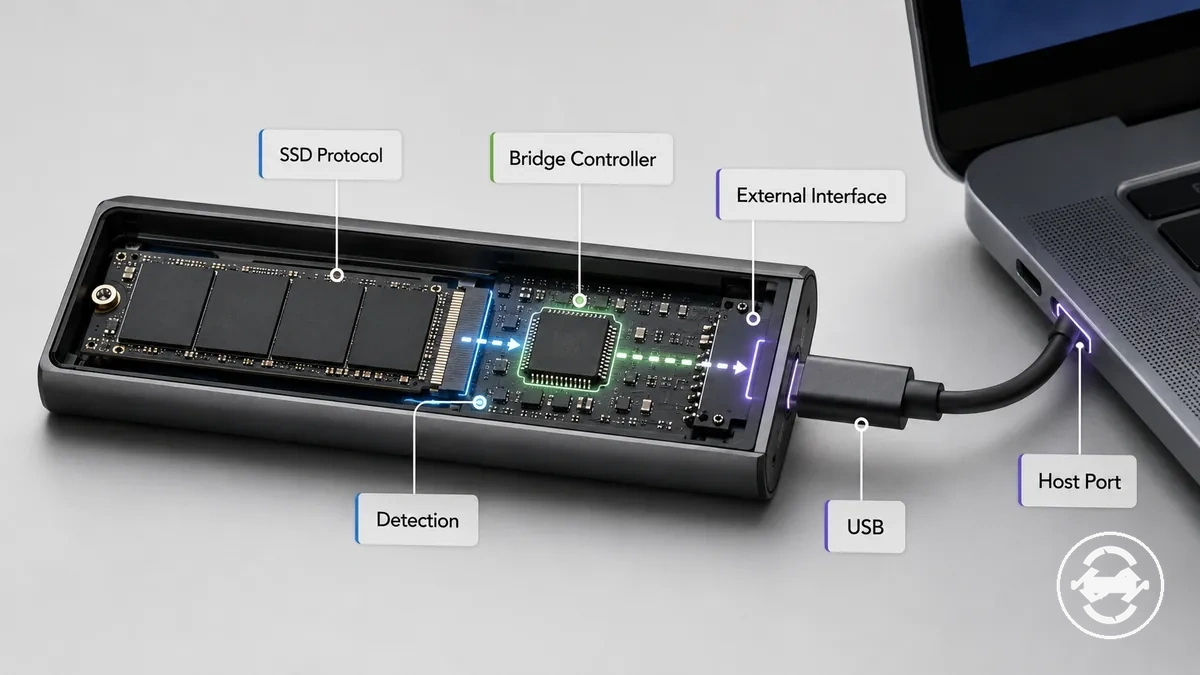 Atributos de case para SSD M.2 mostrando conexões de protocolo, controlador e interface externa