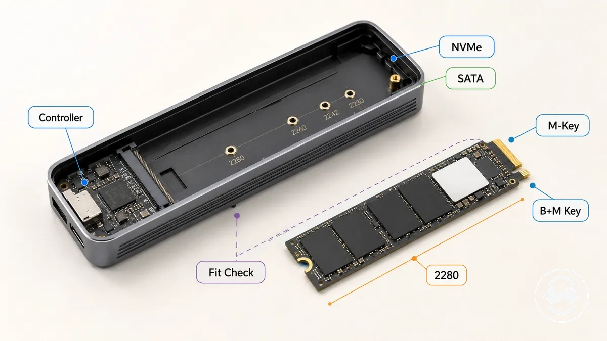 Diagrama de compatibilidade de case para SSD M.2 mostrando protocolo, tipo de chave, suporte a tamanho e tipo de controlador